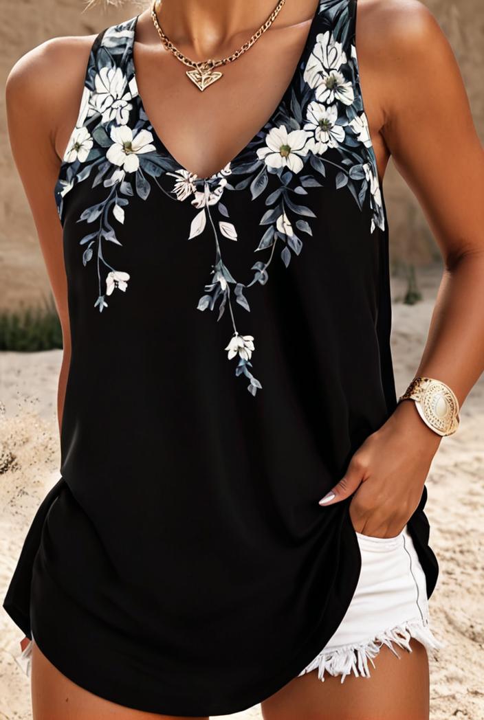 plus size casual top women s plus floral print v neck slight stretch tank top 138891