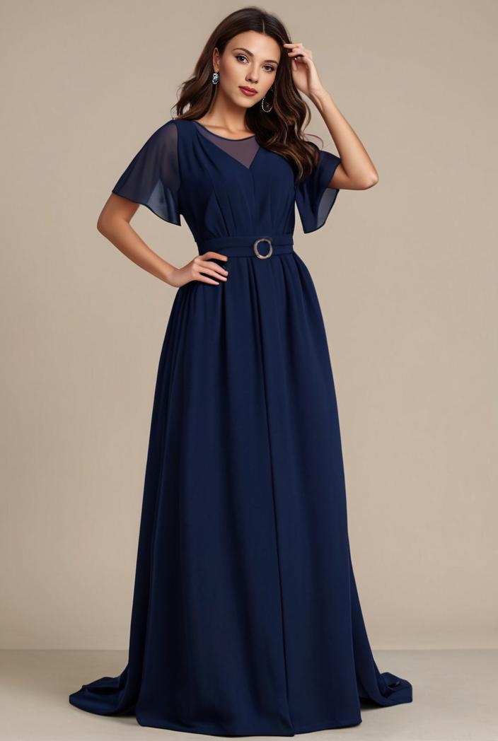 plus size simple chiffon pleated a line round neckline bridesmaid dress 142784
