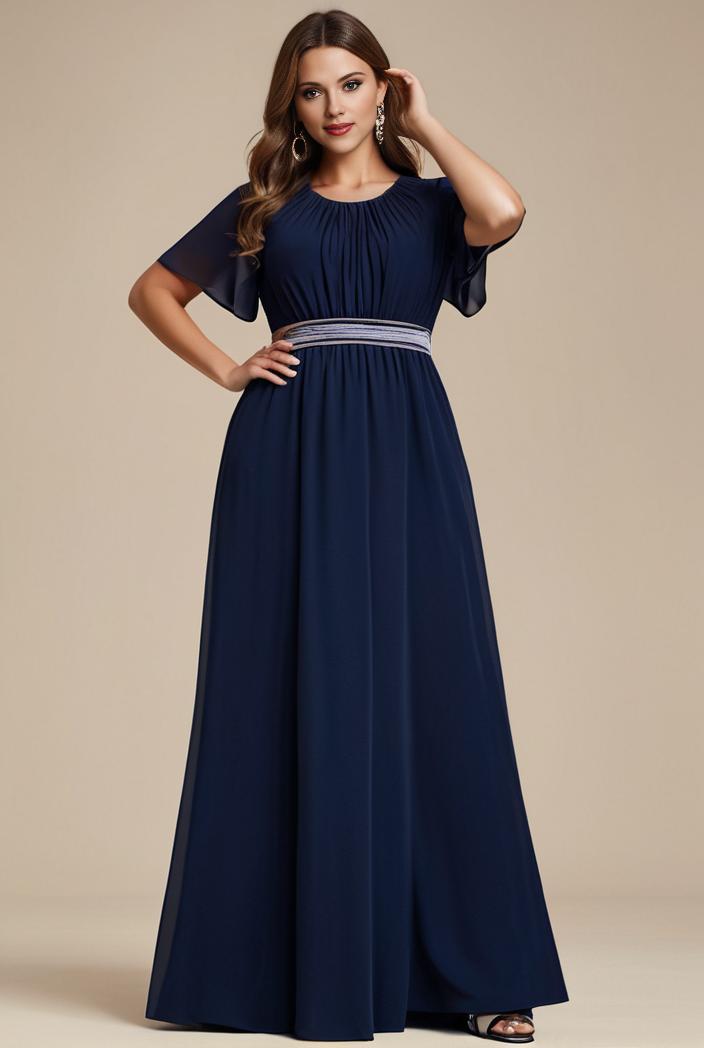 plus size simple chiffon pleated a line round neckline bridesmaid dress 142787