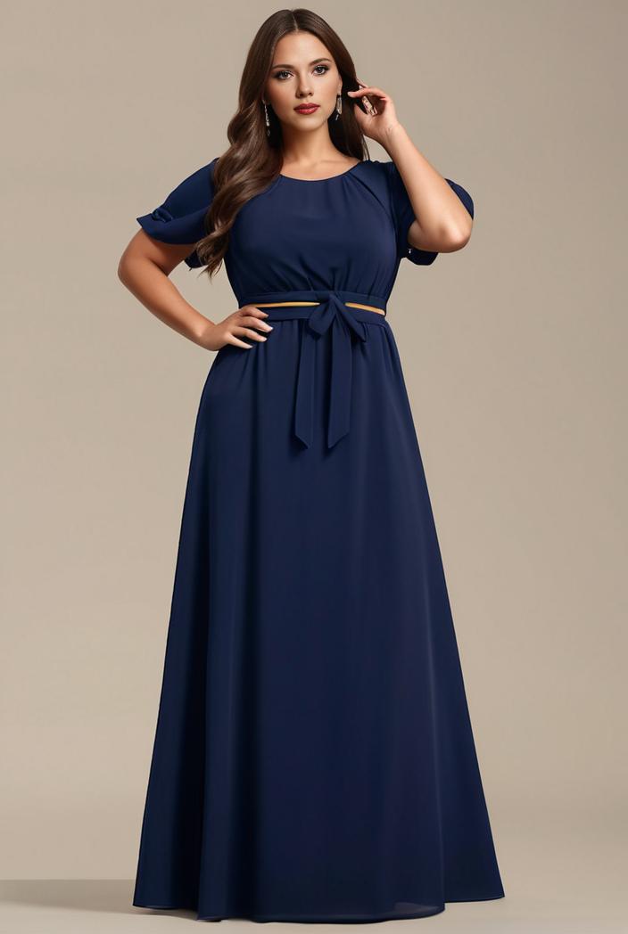 plus size simple chiffon pleated a line round neckline bridesmaid dress 142789