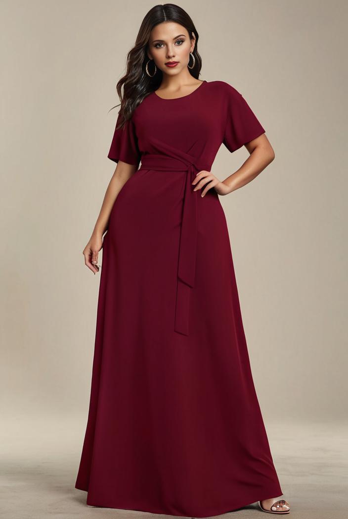 plus size simple chiffon pleated a line round neckline bridesmaid dress 142838