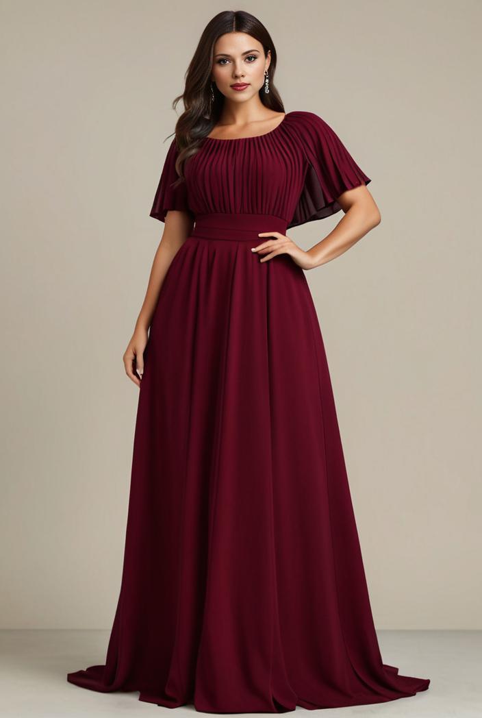 plus size simple chiffon pleated a line round neckline bridesmaid dress 142840
