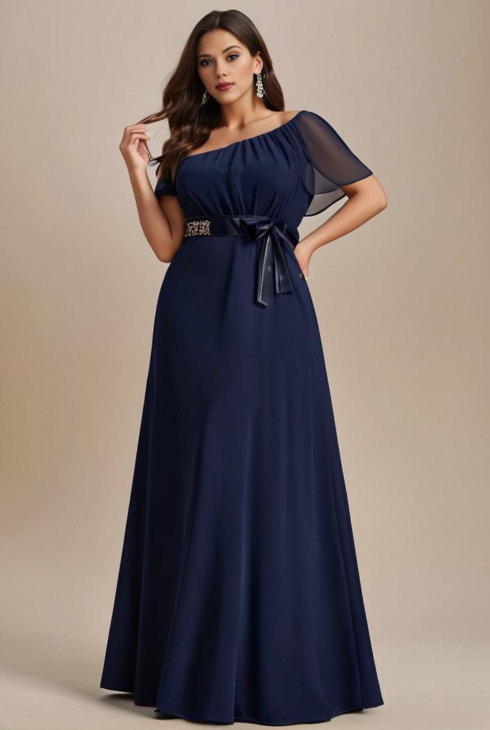 plus size simple chiffon pleated a line round neckline bridesmaid dress 142842
