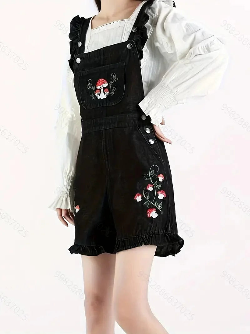 Mushroom Embellished Denim Shortall with Lettuce Trim and Slant Pockets, Niche Denim Jumpsuit, Women's Denim Apparel