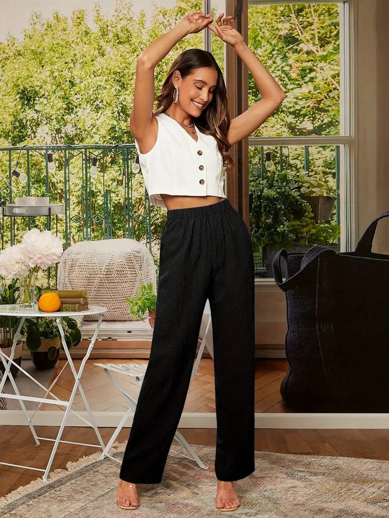 Straight Leg Elastic Waist Pants: Stylish Loose Fit Solid Textured Trousers Ideal for Spring & Autumn, Women's Apparel