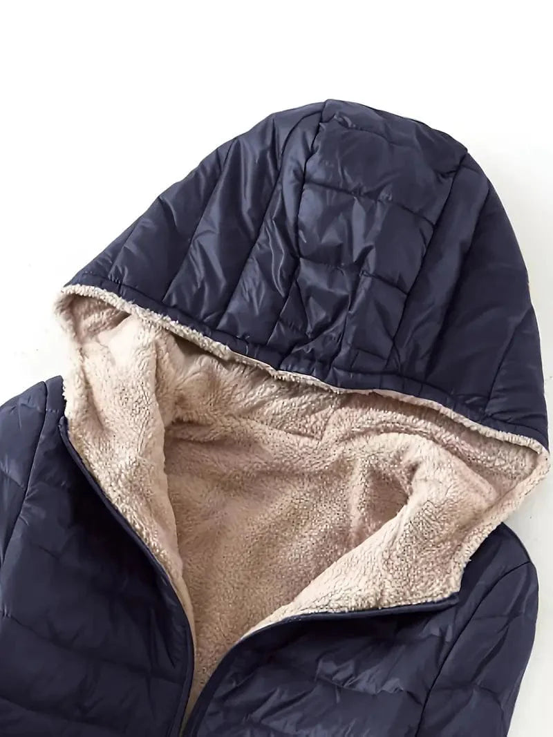 Solid Hooded Zip Up Coat for Women, Long Sleeve Winter Warm Outerwear