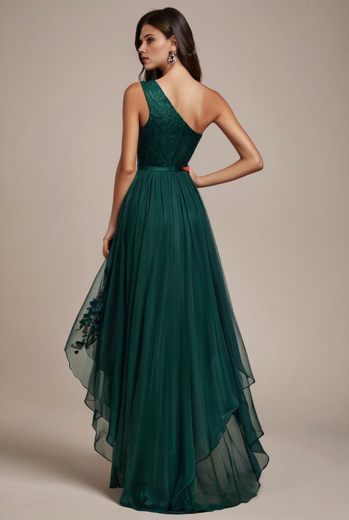 sequin bodice tulle high low evening dress with ribbon waist 145234