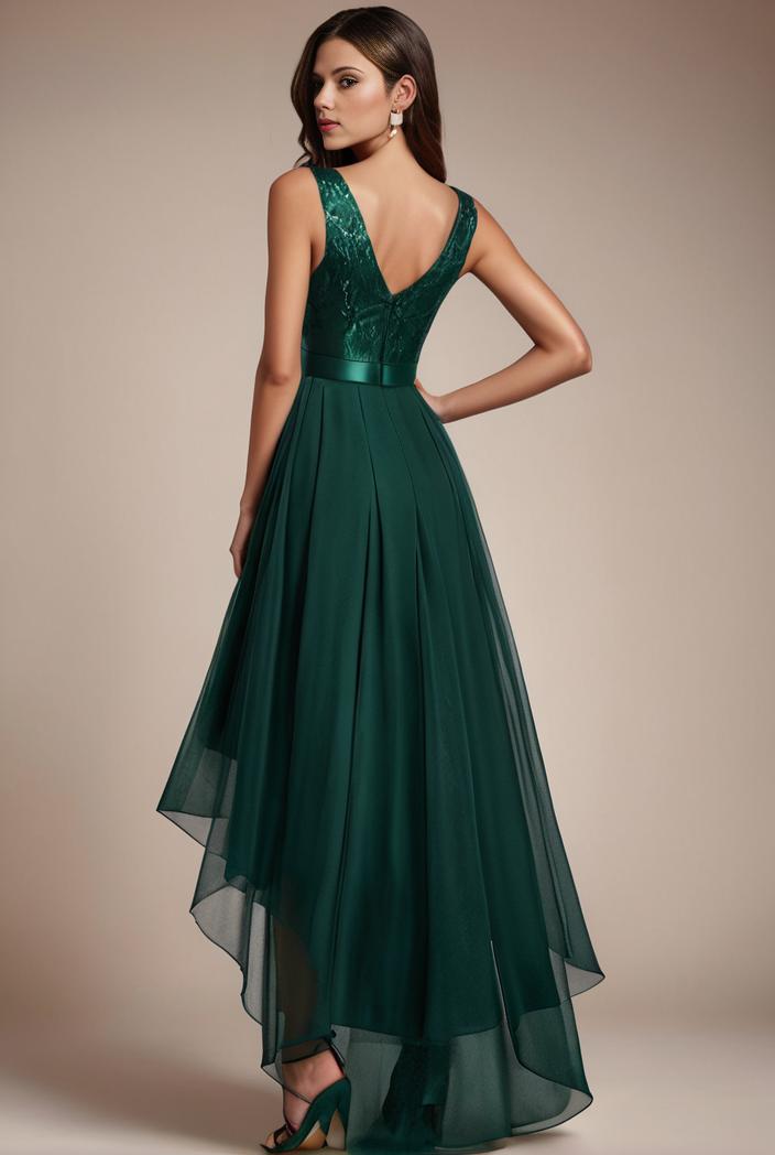 sequin bodice tulle high low evening dress with ribbon waist 145236