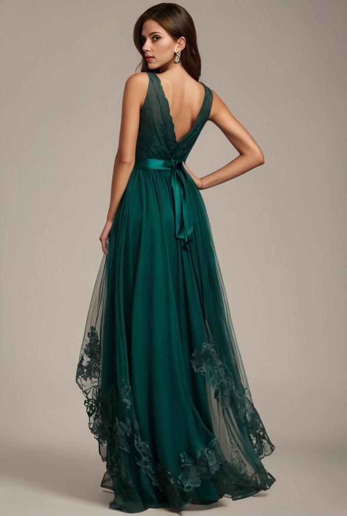 sequin bodice tulle high low evening dress with ribbon waist 145237
