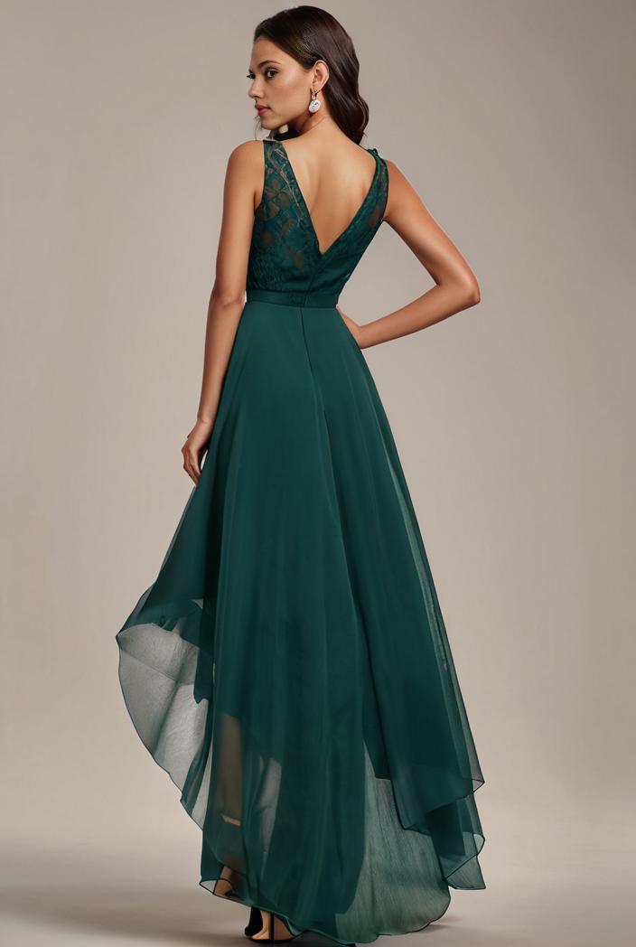 sequin bodice tulle high low evening dress with ribbon waist 145238