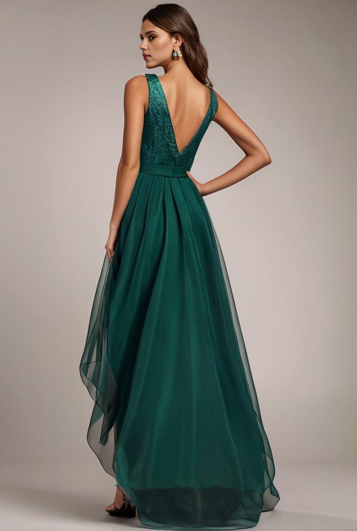 sequin bodice tulle high low evening dress with ribbon waist 145239