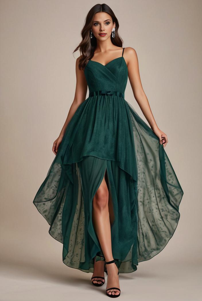 sequin bodice tulle high low evening dress with ribbon waist 145242