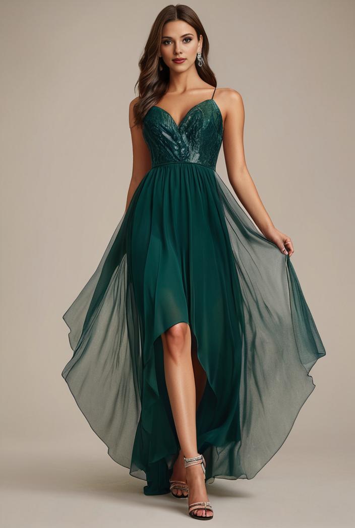 sequin bodice tulle high low evening dress with ribbon waist 145243