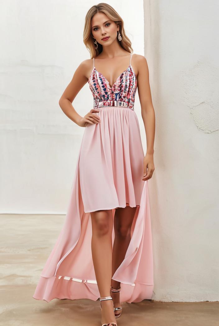 sequin bodice tulle high low evening dress with ribbon waist 145253