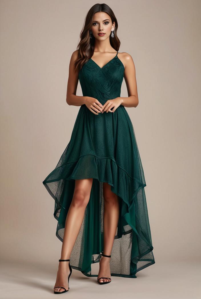 sequin bodice tulle high low evening dress with ribbon waist 145258