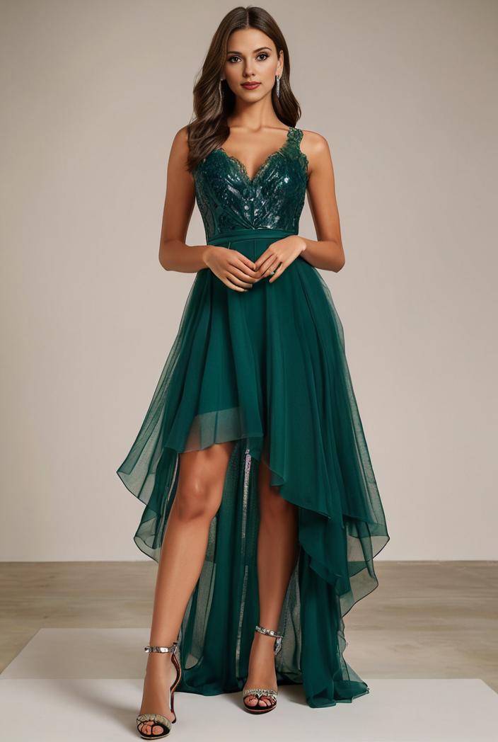 sequin bodice tulle high low evening dress with ribbon waist 145259