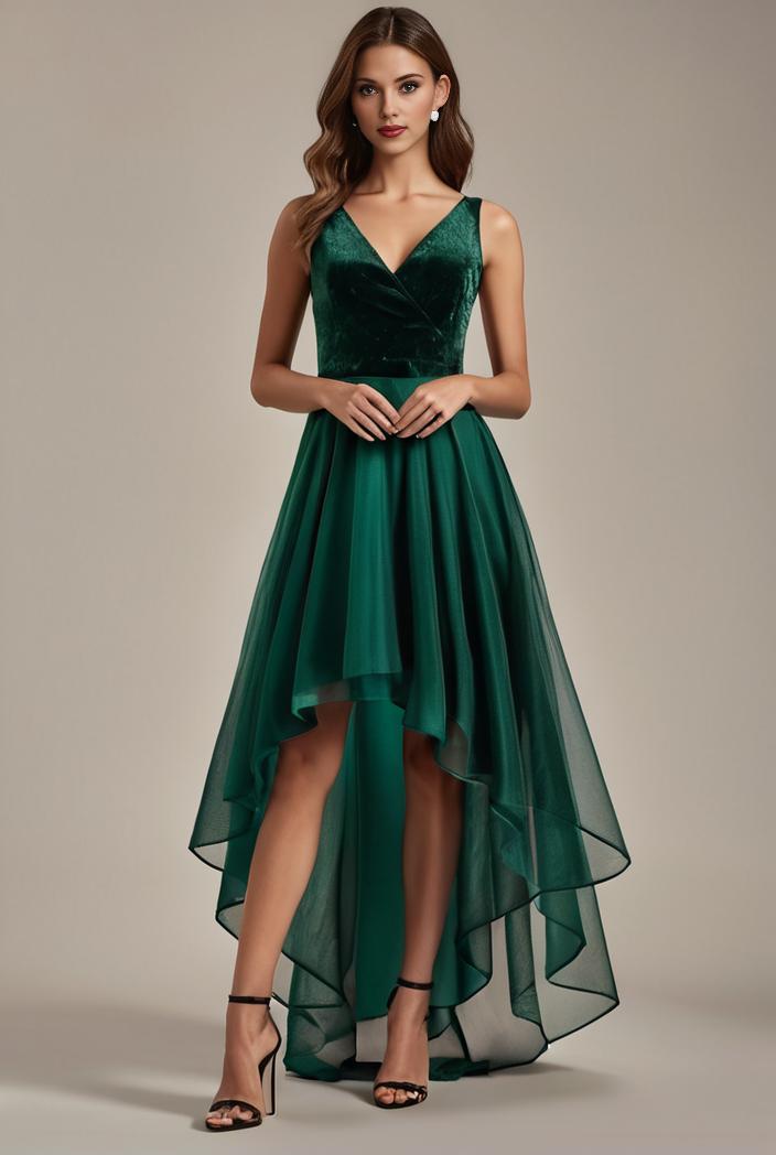 sequin bodice tulle high low evening dress with ribbon waist 145261