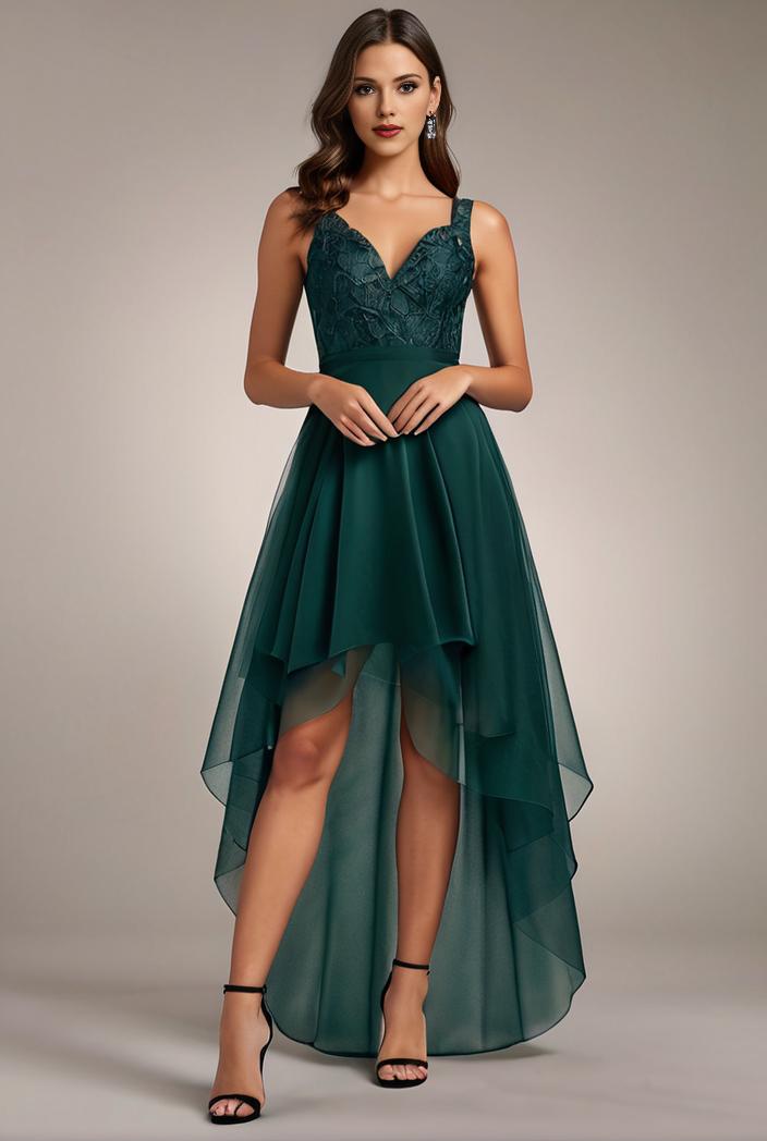 sequin bodice tulle high low evening dress with ribbon waist 145263