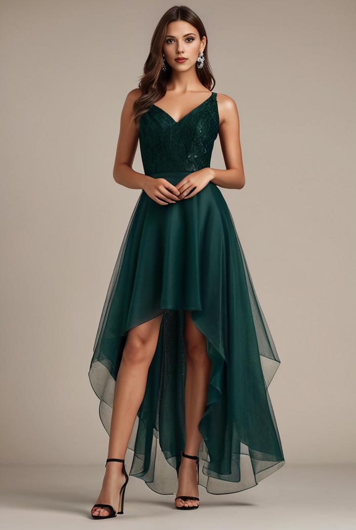 sequin bodice tulle high low evening dress with ribbon waist 145264