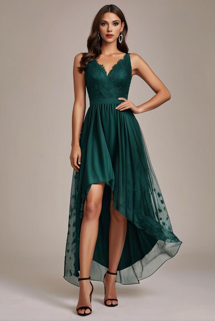 sequin bodice tulle high low evening dress with ribbon waist 145273