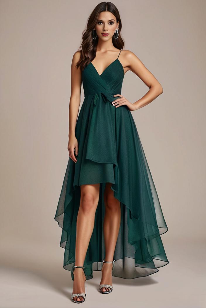 sequin bodice tulle high low evening dress with ribbon waist 145274