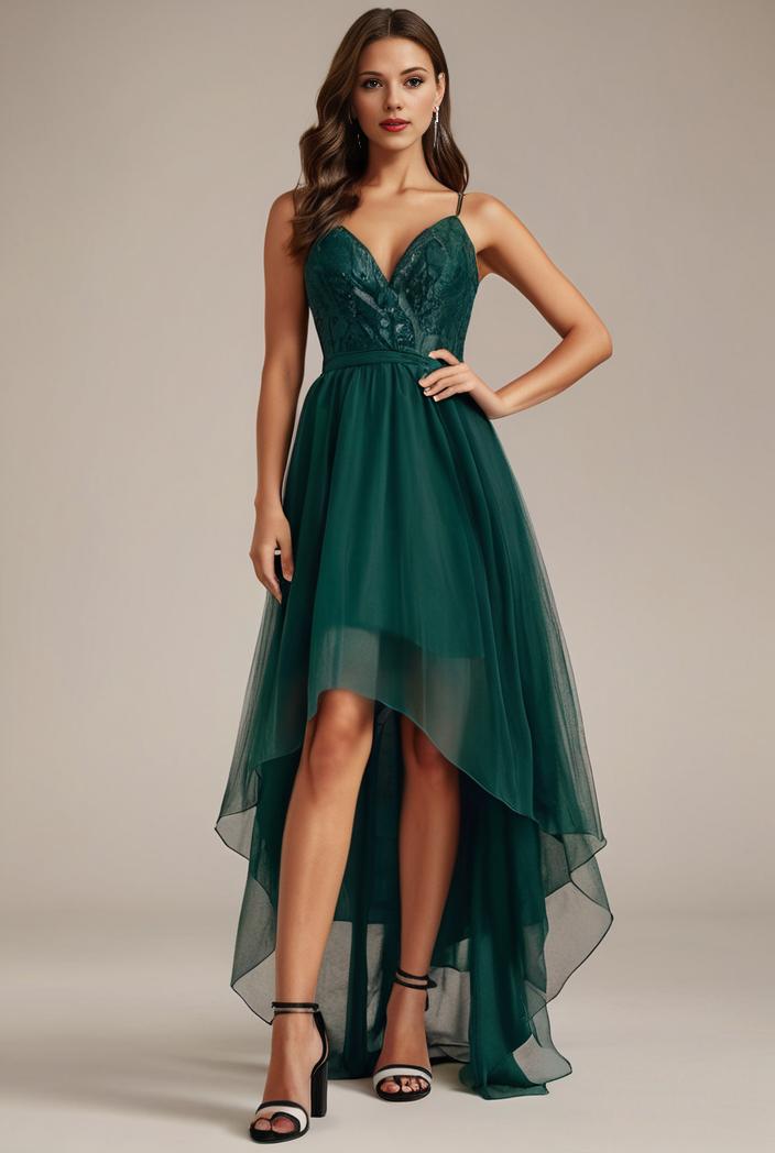 sequin bodice tulle high low evening dress with ribbon waist 145275