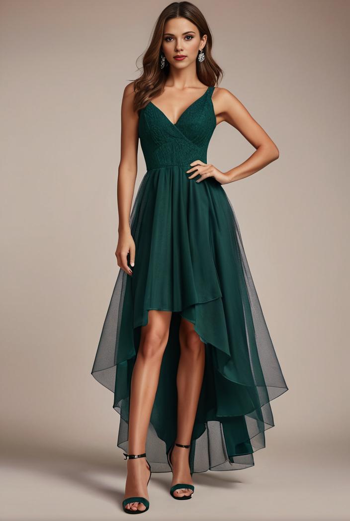 sequin bodice tulle high low evening dress with ribbon waist 145276