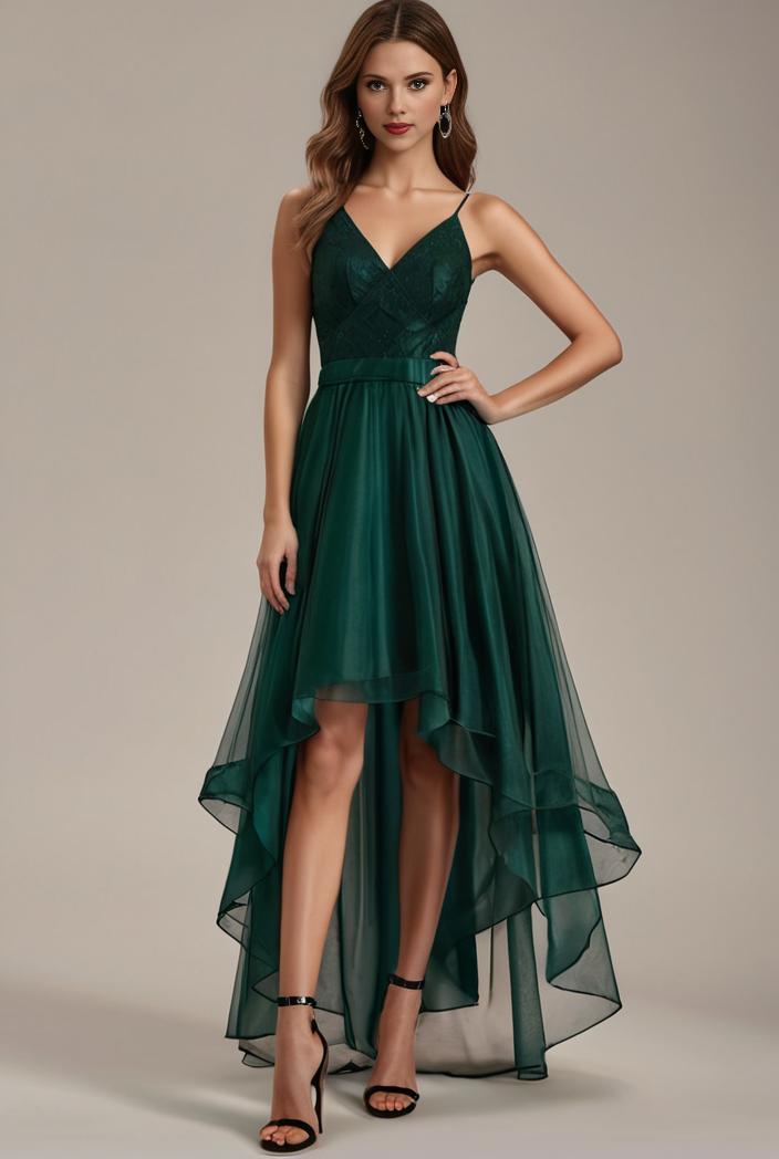 sequin bodice tulle high low evening dress with ribbon waist 145277