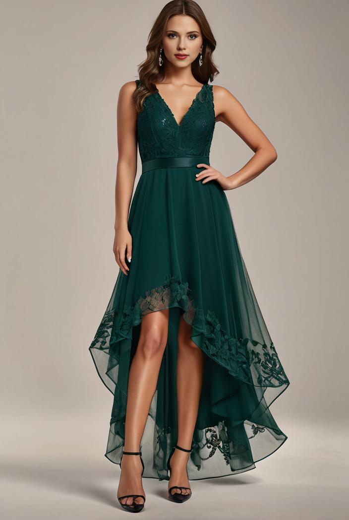 sequin bodice tulle high low evening dress with ribbon waist 145278