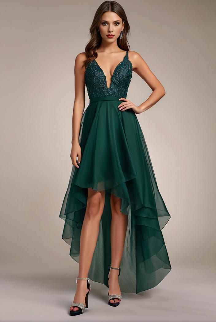 sequin bodice tulle high low evening dress with ribbon waist 145279