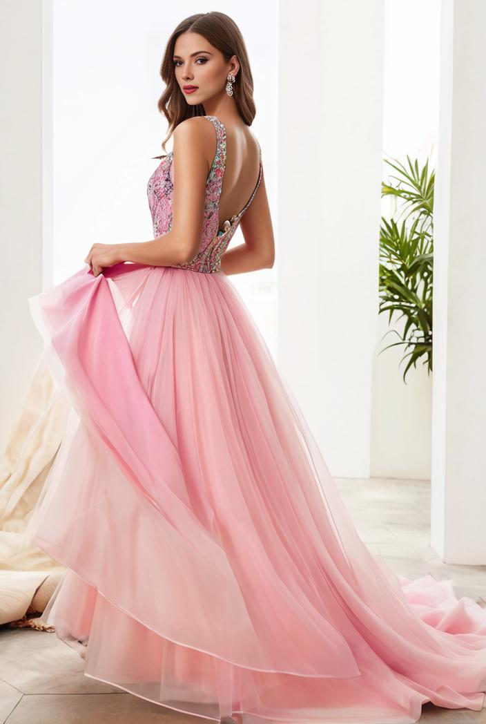 sequin bodice tulle high low evening dress with ribbon waist 145290
