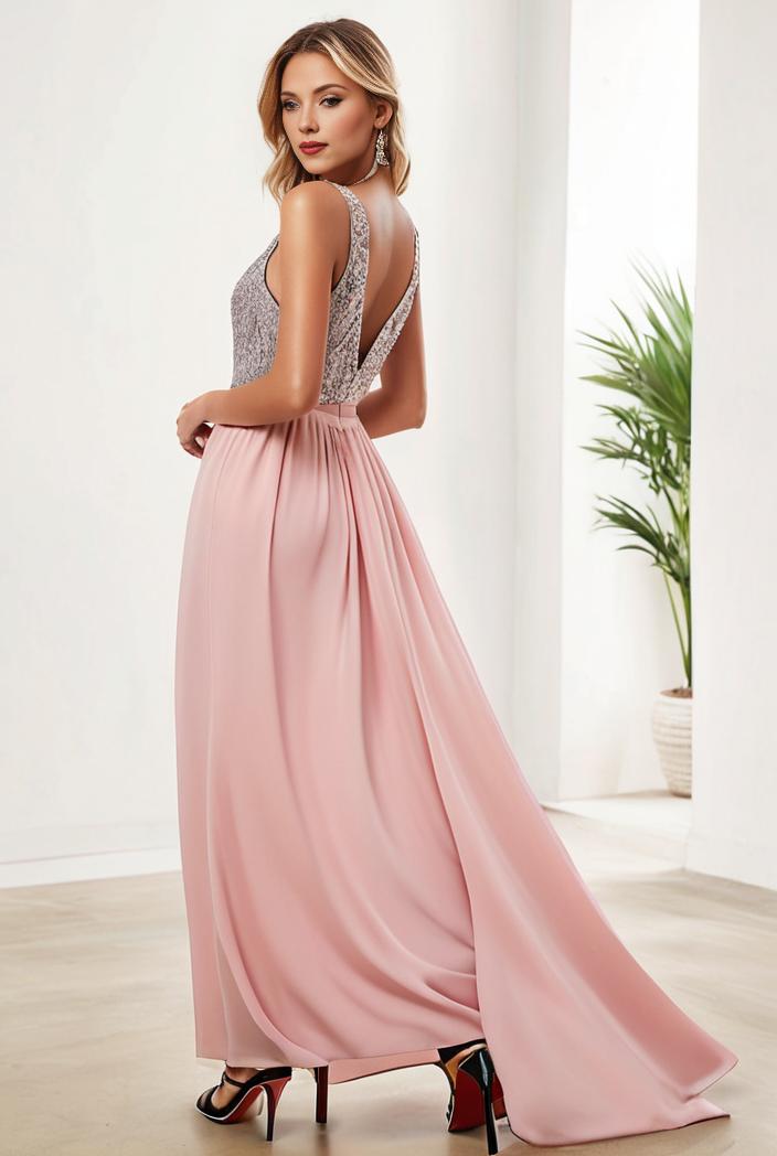 sequin bodice tulle high low evening dress with ribbon waist 145291