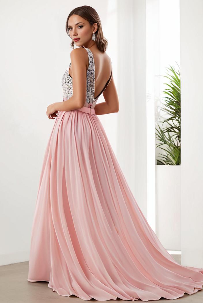 sequin bodice tulle high low evening dress with ribbon waist 145296