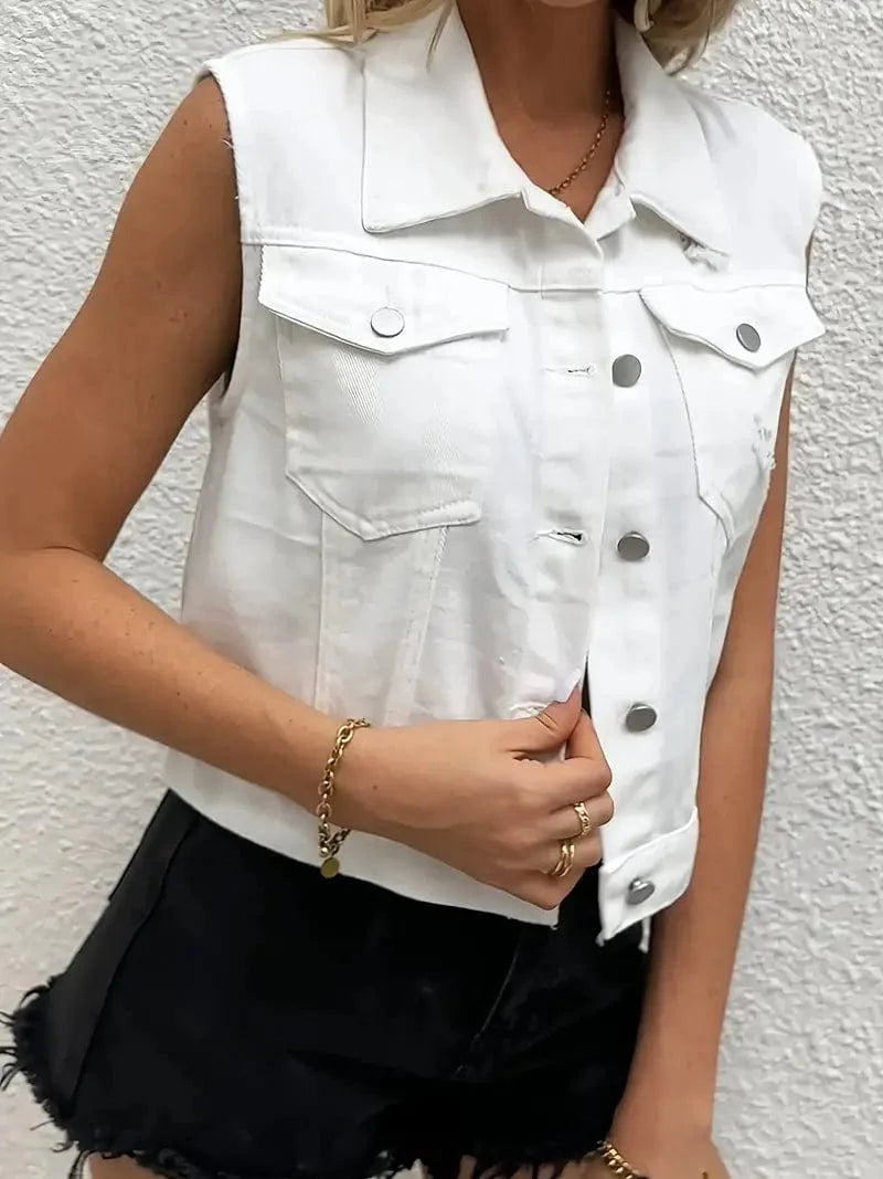 Sleeveless White Denim Vest with Ripped Holes and Button-Up Pockets, Women's Sleeveless Denim Jacket