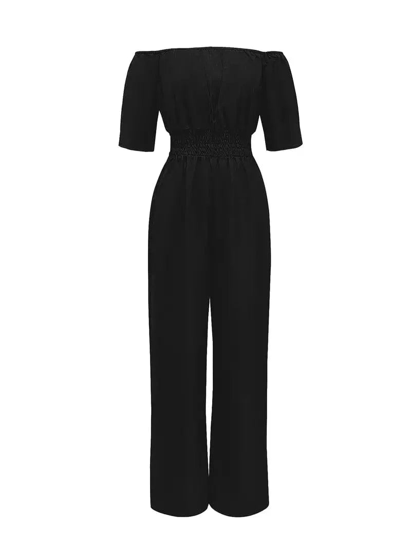 Off Shoulder Wide Leg Jumpsuit for Women: Stylish Casual Short Sleeve Outfit for Spring & Summer