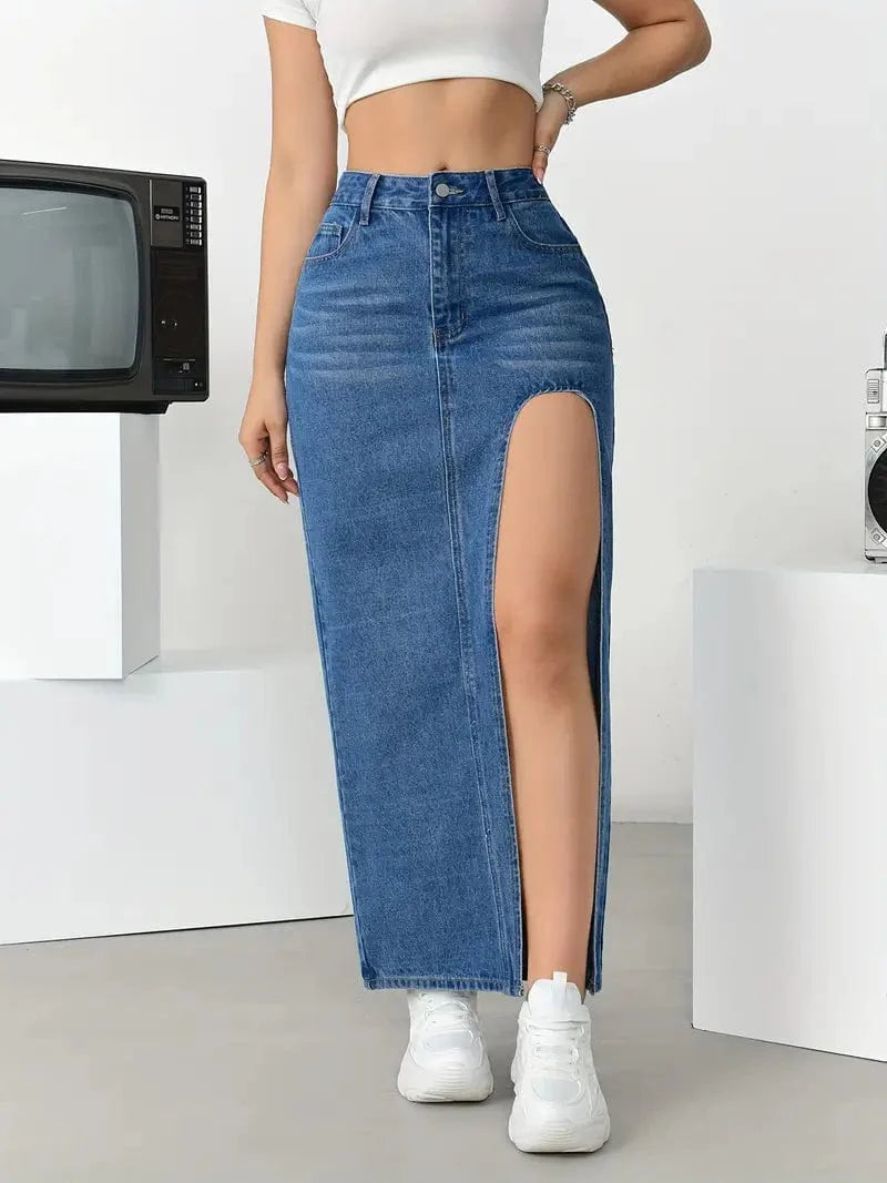 Split Thigh Casual Denim Midi Skirt with Slant Pockets