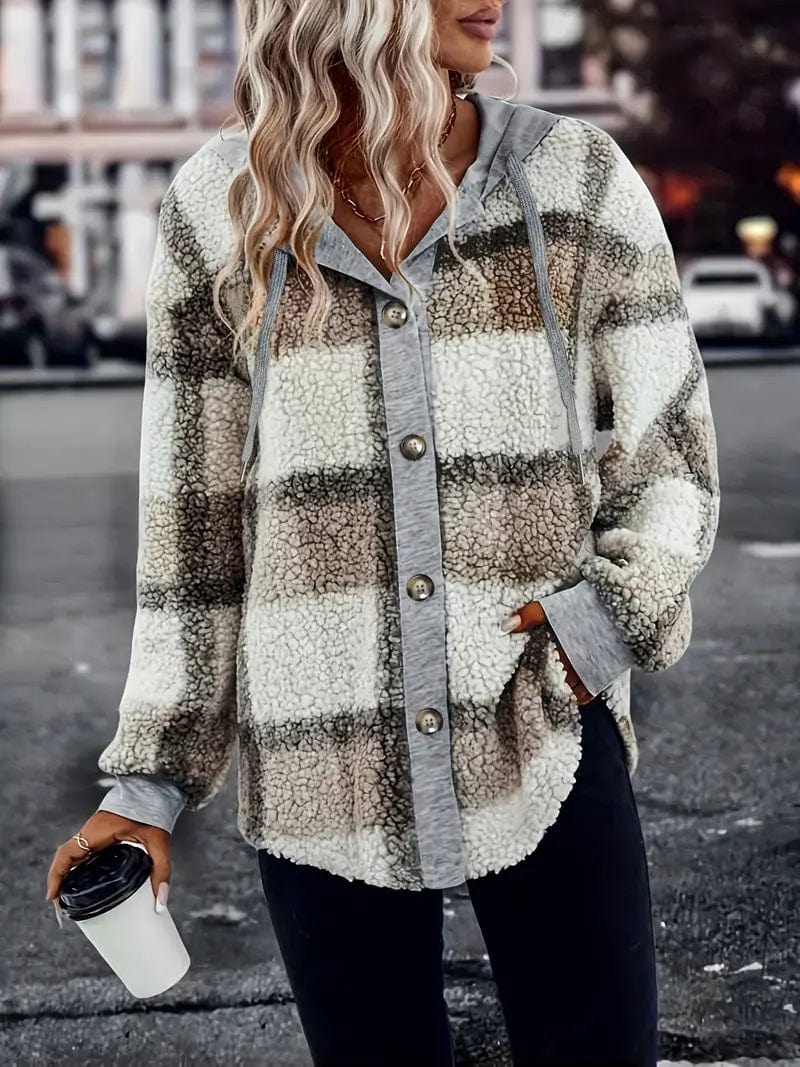 Plaid Pattern Hooded Coat with Drawstring Closure, Stylish Long Sleeve Outerwear for Women