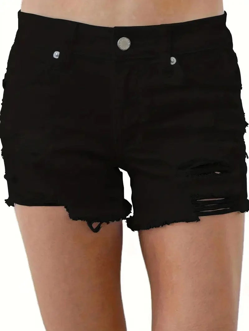 High Waisted White Denim Shorts with Raw Hem and Distressed Pockets