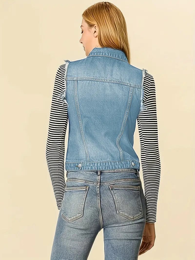 Washed Denim Sleeveless Vest with Distressed Ripped Lapel, Women's Denim Jacket Collection