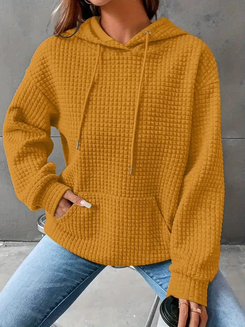 Waffle Grid Kangaroo Pocket Hoodie, Long Sleeve Drawstring Hoodies for Women