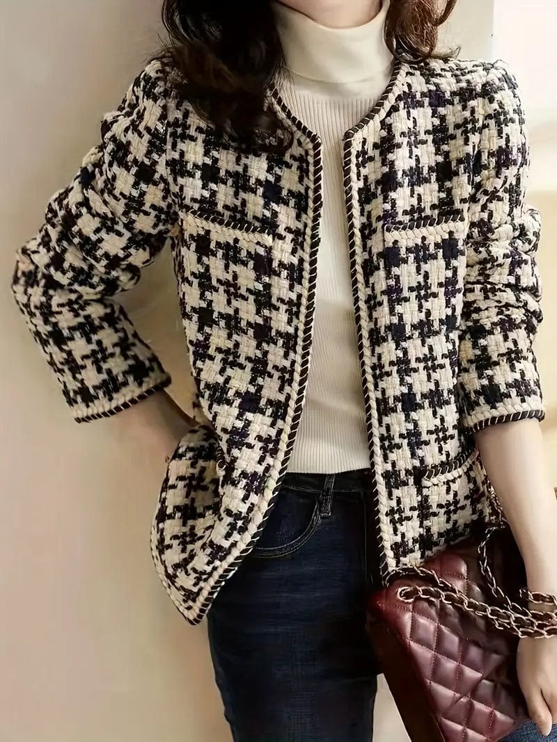 Stylish Plaid Jacket with Long Sleeve Crew Neck, Open Front Women's Outerwear