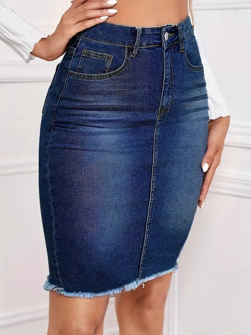 Slim Fit Dark Blue Denim Skirt with Raw Hem for Women