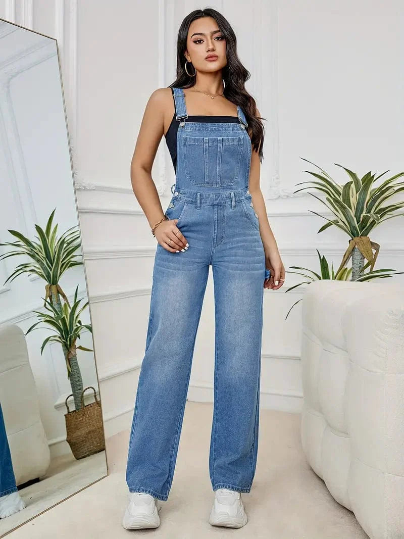 Relaxed Fit Denim Jumpsuit with Slant Pockets, Non-Elastic Washed Denim Overalls, Women's Denim Apparel