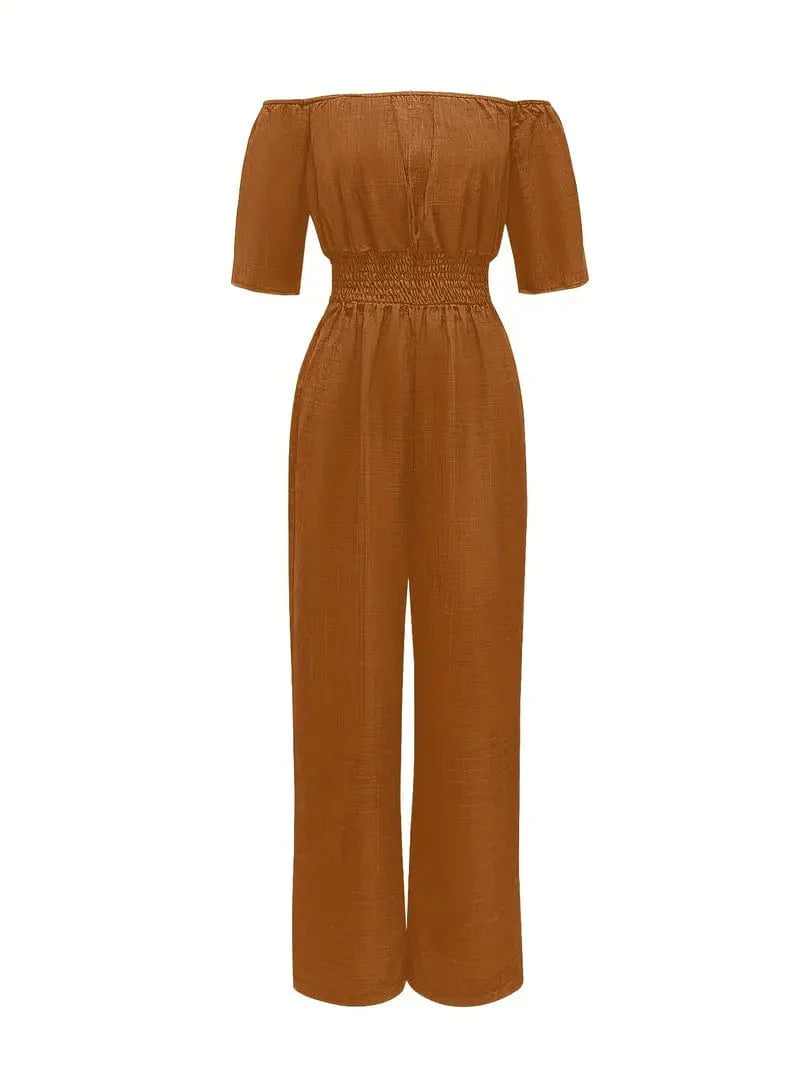 Off Shoulder Wide Leg Jumpsuit for Women: Stylish Casual Short Sleeve Outfit for Spring & Summer