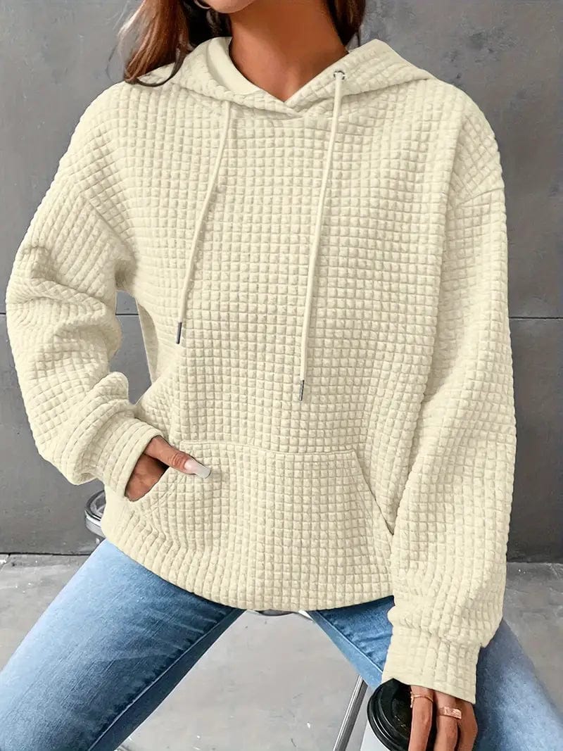 Waffle Grid Kangaroo Pocket Hoodie, Long Sleeve Drawstring Hoodies for Women