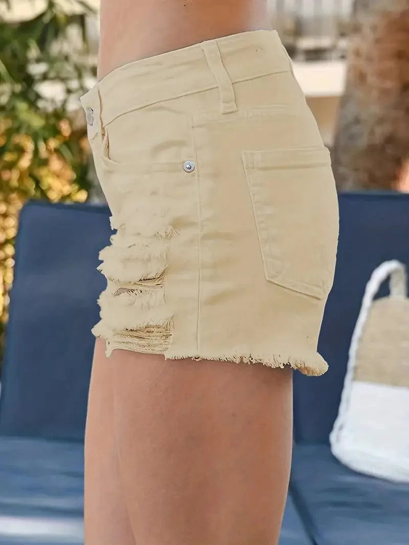 High Waisted White Denim Shorts with Raw Hem and Distressed Pockets