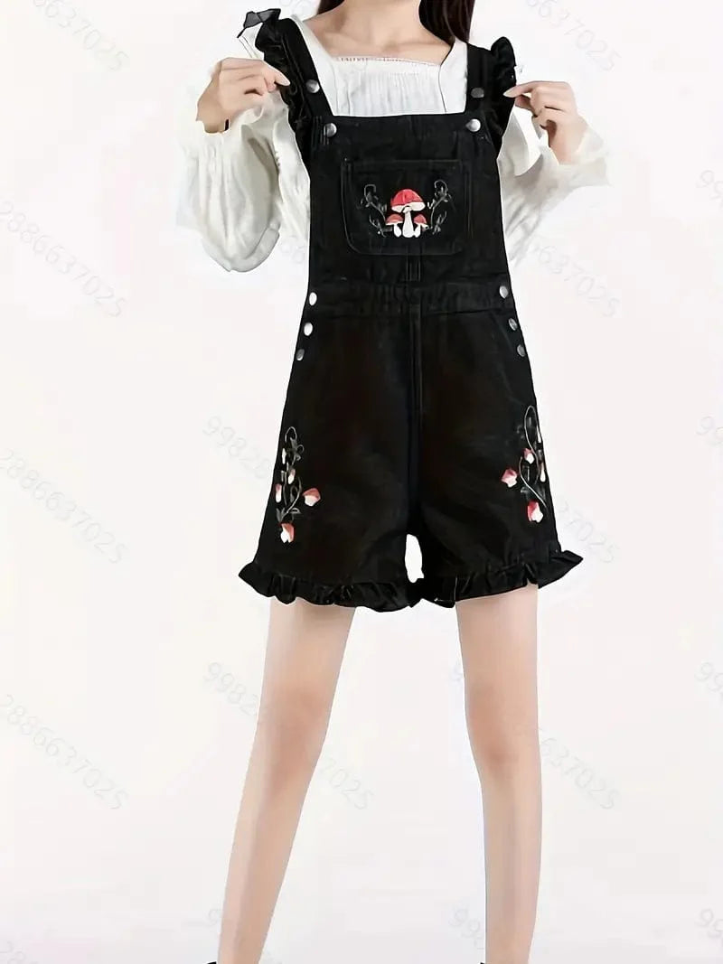 Mushroom Embellished Denim Shortall with Lettuce Trim and Slant Pockets, Niche Denim Jumpsuit, Women's Denim Apparel