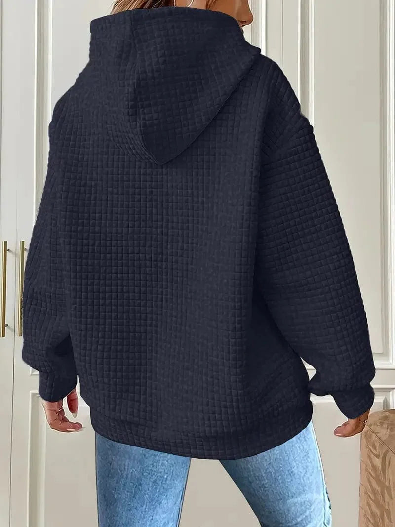 Waffle Grid Kangaroo Pocket Hoodie, Long Sleeve Drawstring Hoodies for Women