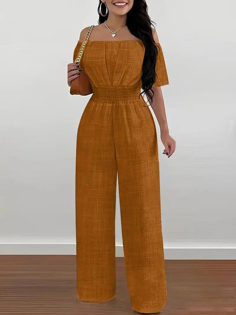 Off Shoulder Wide Leg Jumpsuit for Women: Stylish Casual Short Sleeve Outfit for Spring & Summer