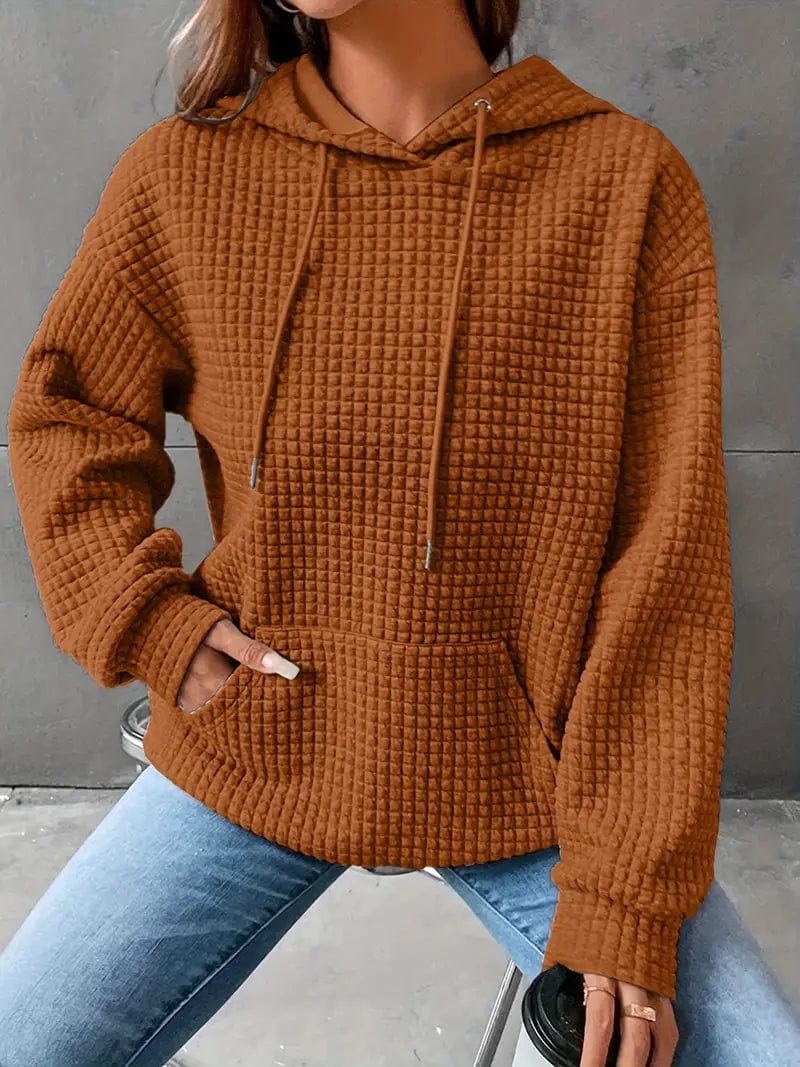 Waffle Grid Kangaroo Pocket Hoodie, Long Sleeve Drawstring Hoodies for Women